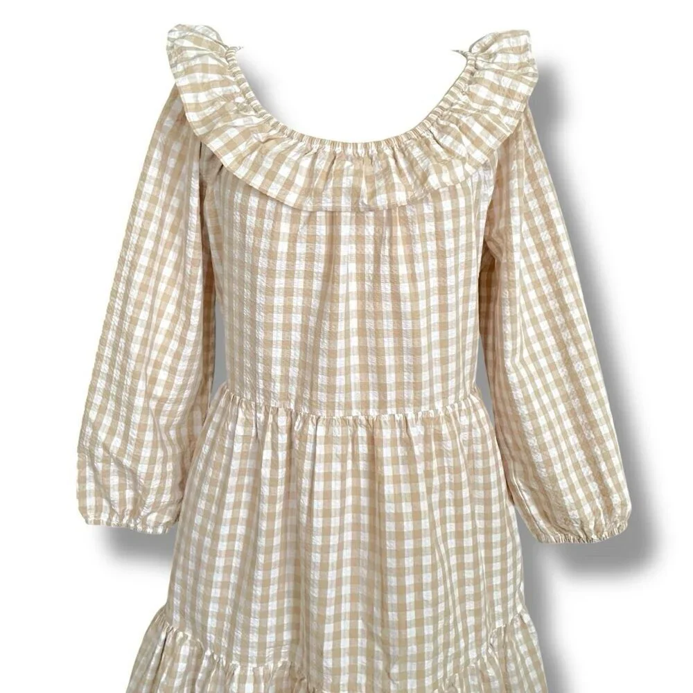 J Crew Womens Seersucker Dress Sz 12 Tan White Gingham Ruffle Neck Mini Preppy